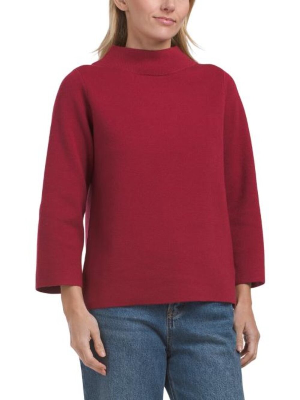THREE DOTS Three Quarter Sleeve Solid Mock Neck Pull Over Sweater